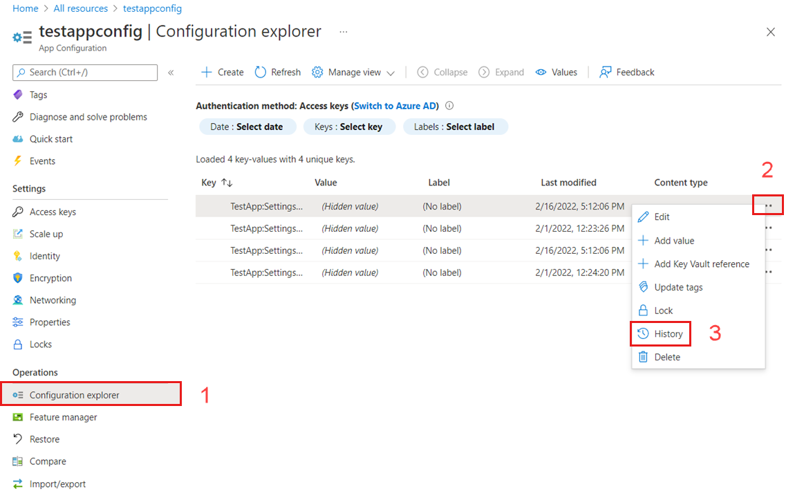 Azure 门户中选择键值历史记录时的屏幕截图
