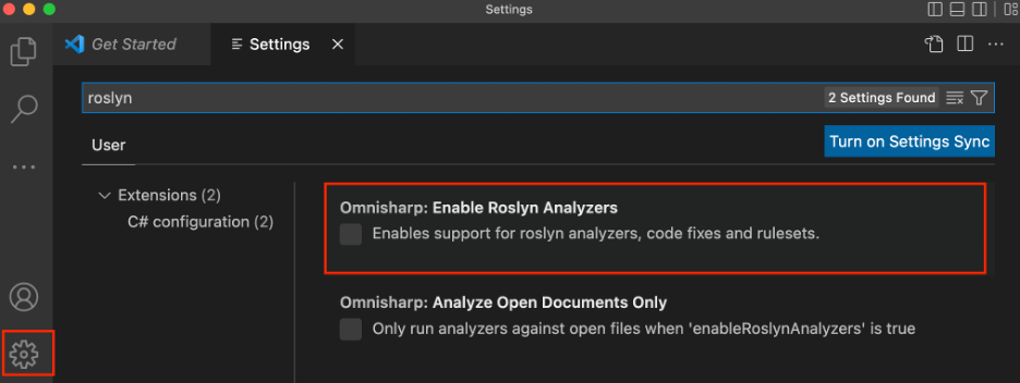 在 Visual Studio Code 中配置 Roslyn 分析器的屏幕截图。