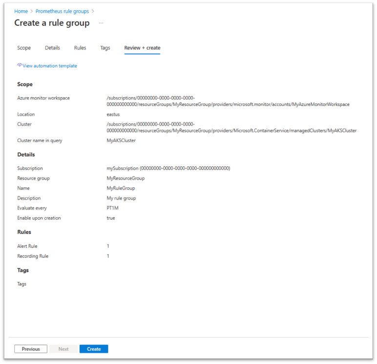 显示创建新警报规则时“查看 + 创建”选项卡的屏幕截图。