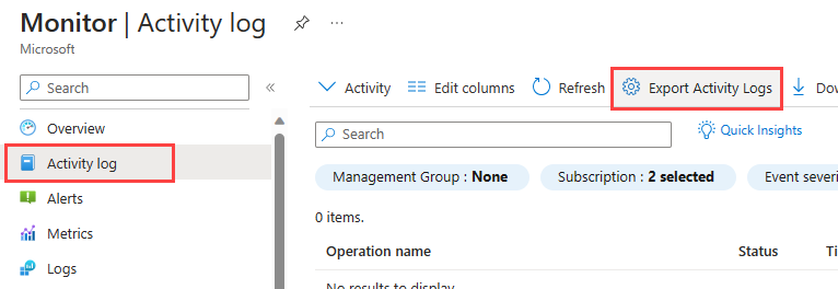 显示 Azure Monitor 菜单的屏幕截图，其中选择了“活动日志”，并在 Monitor-Activity 日志菜单栏中突出显示了“导出活动日志”。