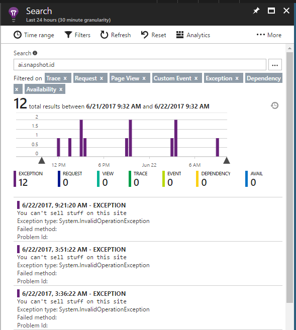 显示在门户中使用快照 ID 搜索遥测的屏幕截图。