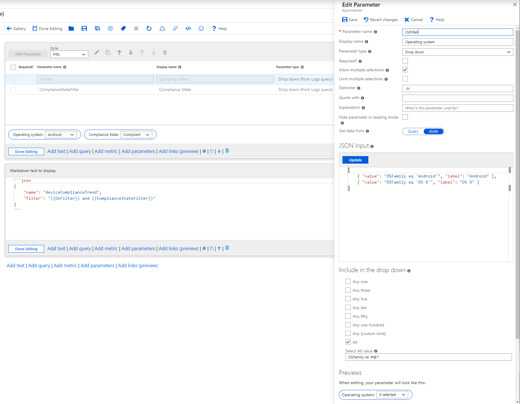 显示下拉列表的参数设置及参数值的屏幕截图。