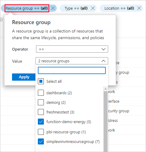 显示筛选的资源的屏幕截图，其中仅显示 Azure 门户中两个资源组中的资源。