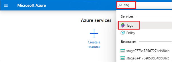Azure 门户搜索栏的屏幕截图，其中输入了“标记”并从可用选项中进行了选择。