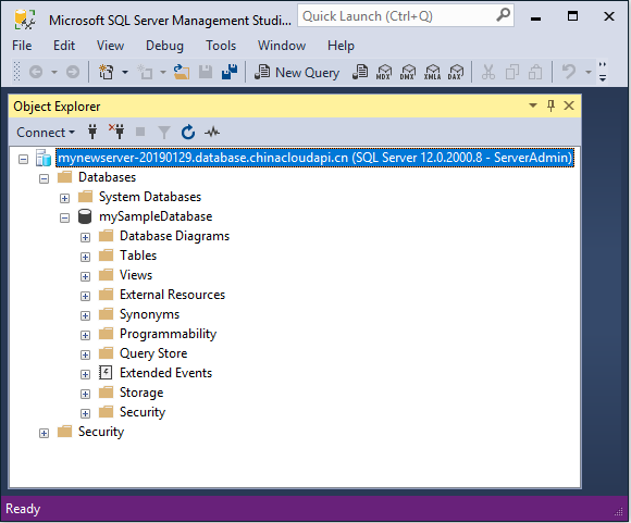 SQL Server Management Studio （SSMS）的屏幕截图，其中显示了对象资源管理器中的数据库对象。