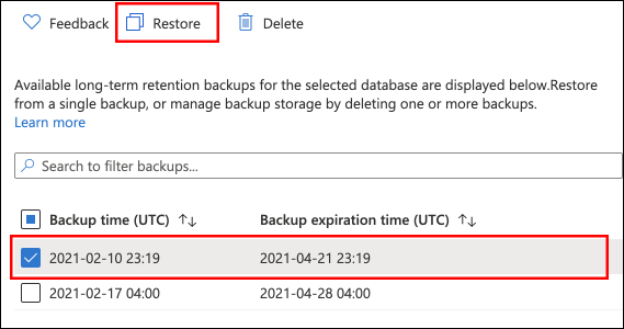 这是 Azure 门户的屏幕截图，您可以在此从现有的 LTR 备份中进行还原。