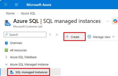 Azure 门户中 Azure SQL 中心页的 SQL 托管实例页的屏幕截图，其中显示了“+创建”按钮。