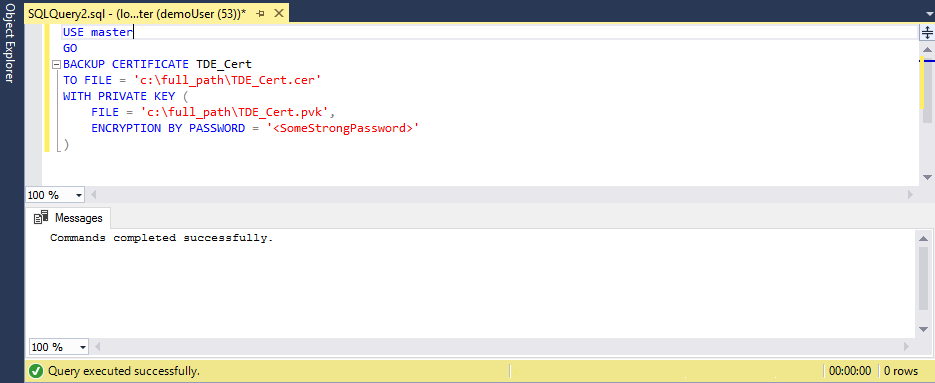 SSMS 中的屏幕截图，其中显示了备份的 TDE 证书。