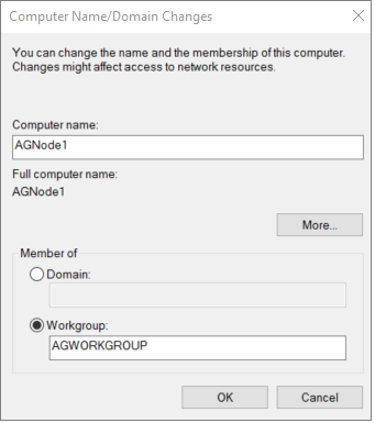 Screenshot showing the 'Computer Name/Doman Changes' dialog box with 'Workgroup' selected and the name 'AGWORKGROUP' entered.