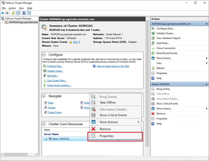 Screenshot showing how to edit the cluster properties in the 'FailoverCluster Manger'.