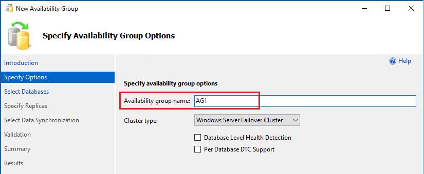 SSMS 中新建可用性组向导的“指定选项”页的屏幕截图。