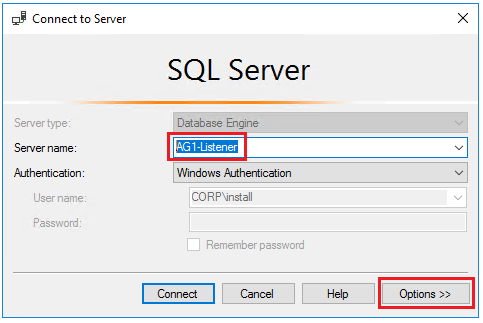 SSMS 中“连接到服务器”对话框的屏幕截图，该对话框连接到侦听器 AG1-Listener。