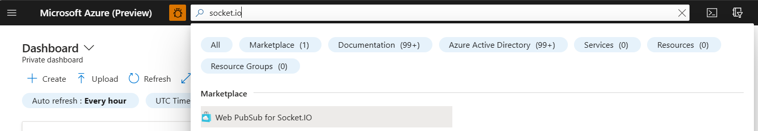 在 Azure 门户中搜索适用于 Socket.IO 的 Web PubSub 的屏幕截图。