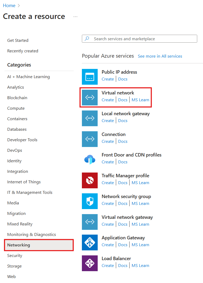 显示如何在 Azure 门户中选择要创建的新虚拟网络的屏幕截图。