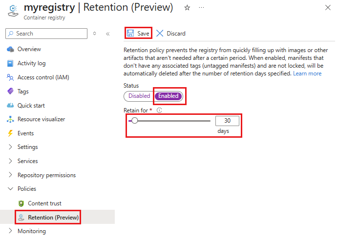 显示为容器存储库的未标记清单设置保留策略的选项的屏幕截图。