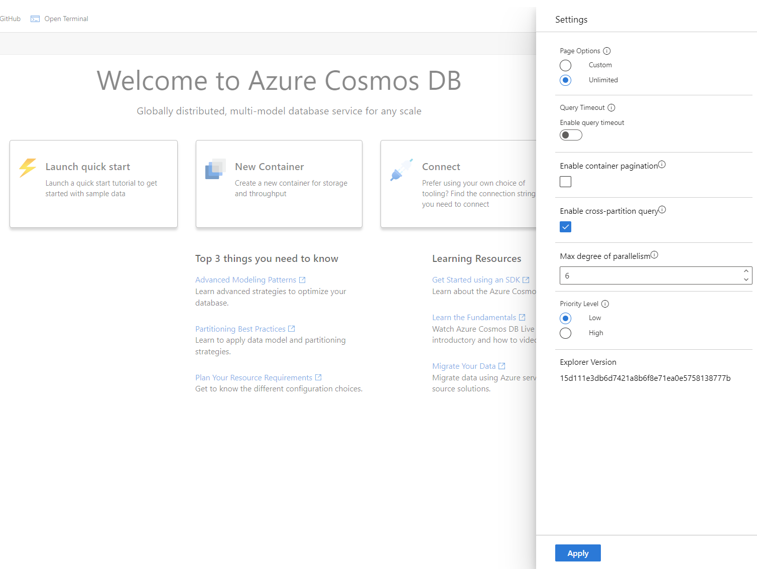 Azure Cosmos DB 帐户的数据资源管理器中显示优先级级别的屏幕截图。