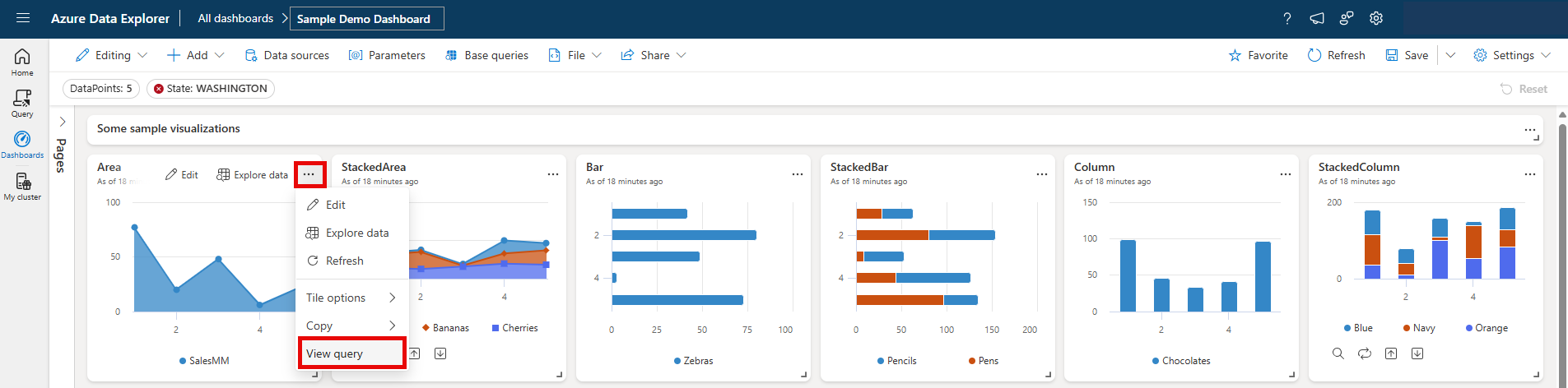 磁贴下拉菜单的屏幕截图，其中突出显示了“查看查询”选项。