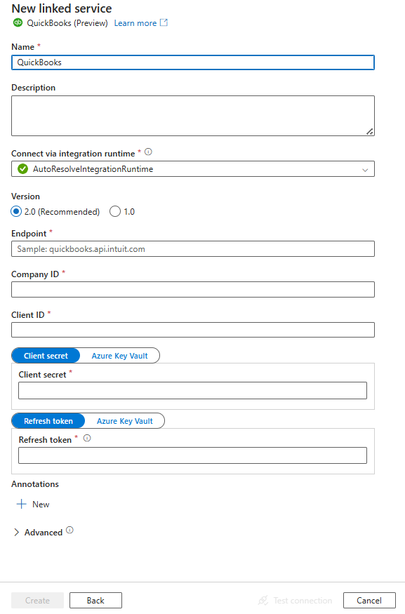 QuickBooks 的链接服务配置的屏幕截图。