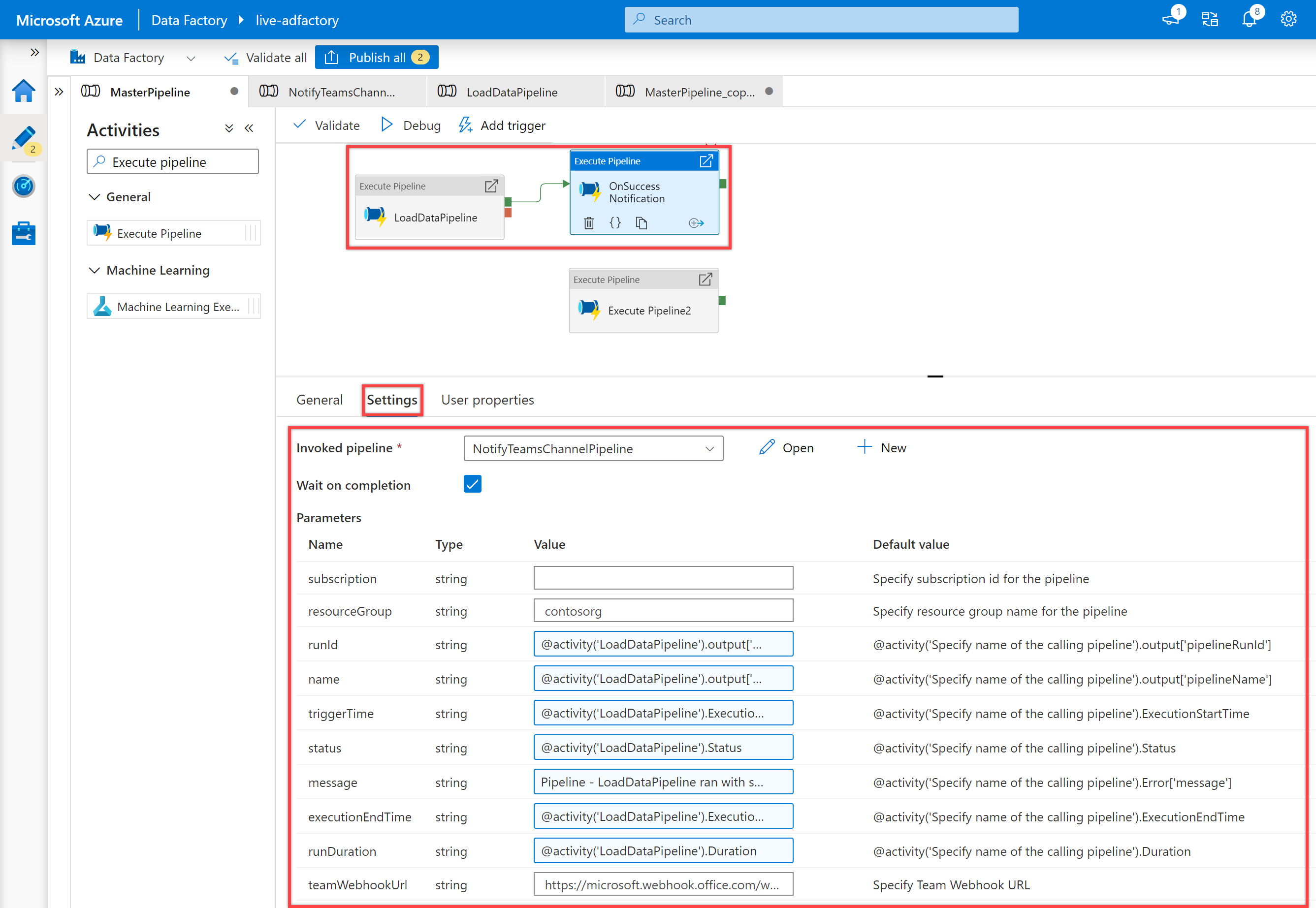 显示了“NotifyTeamsChannelPipeline”管道的第二个“执行管道”活动“成功通知”设置窗格。
