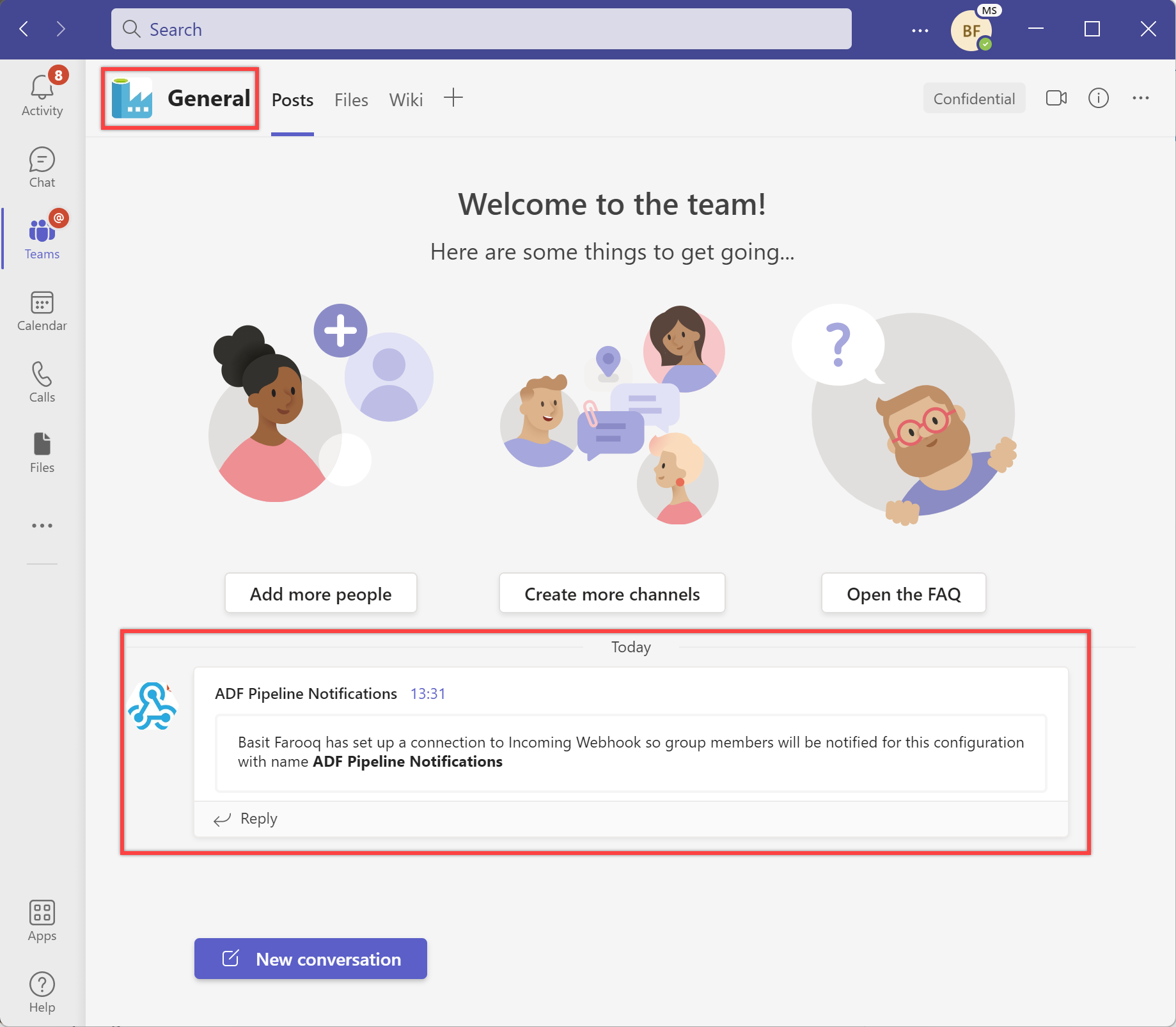 显示在其中添加了 Webhook 连接器的 Teams 通道中的通知。