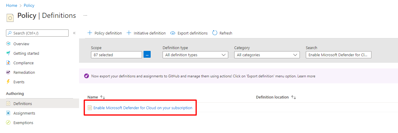 屏幕截图显示 Azure Policy 定义“在订阅中启用 Defender for Cloud”。