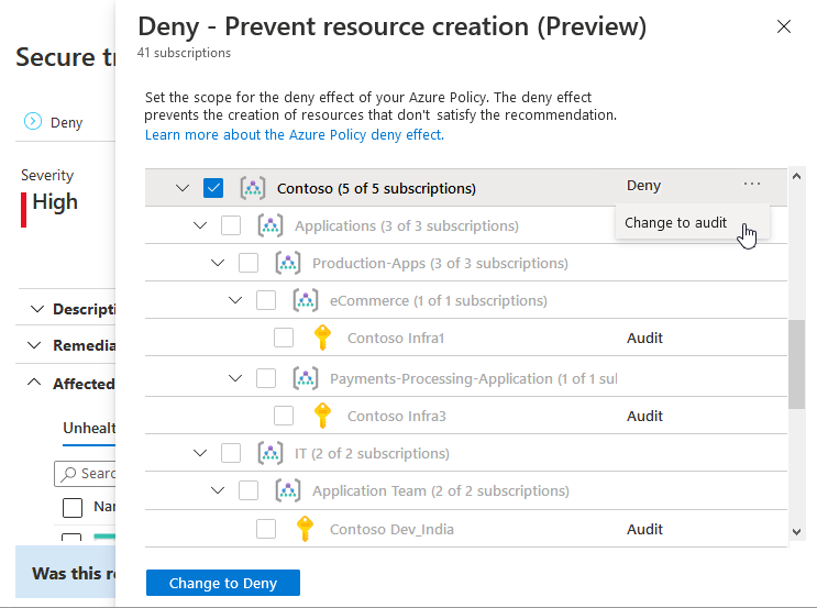 设置 Azure Policy 拒绝的范围。