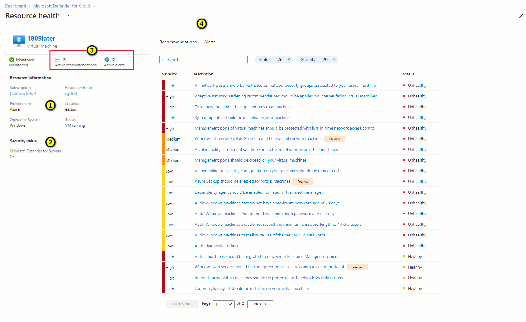 Microsoft Defender for Cloud 的资源运行状况页，其中显示了虚拟机的运行状况信息
