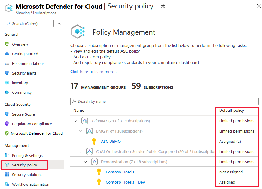 显示默认策略分配Azure Security Center的策略管理页.