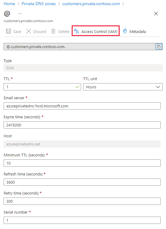 专用 DNS 记录集的 RBAC 屏幕截图。
