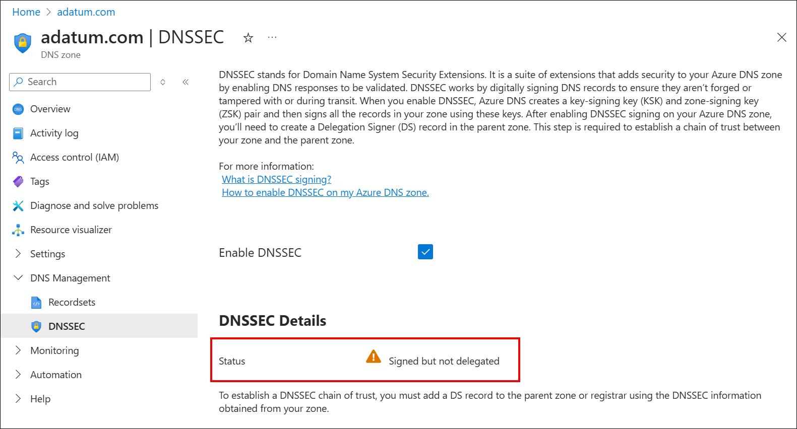 确认禁用 DNSSEC 的屏幕截图。