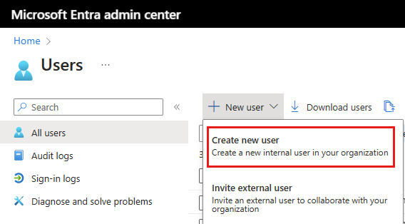 Microsoft Entra ID 中创建新用户菜单的屏幕截图。