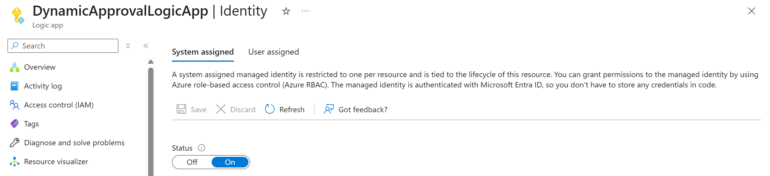 屏幕截图，用于启用逻辑应用系统分配的托管标识。