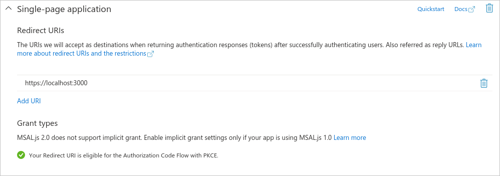 Azure 门户应用注册中的单页应用磁贴