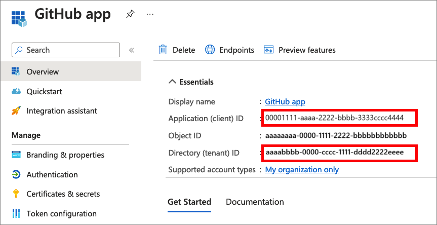 演示如何从 Microsoft Entra 管理中心复制应用程序 ID 和租户 ID 的屏幕截图。