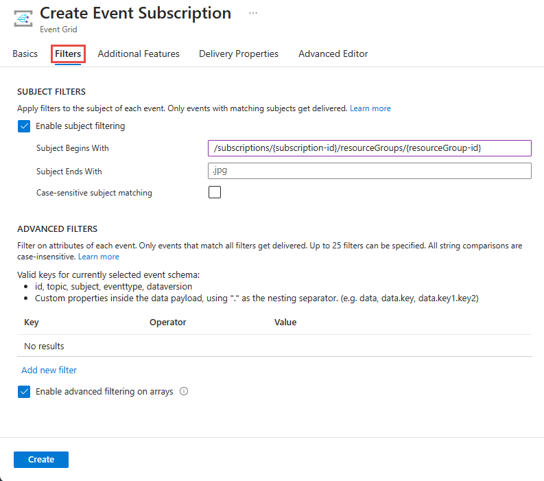 屏幕截图显示“创建事件订阅”页的“筛选器”选项卡。