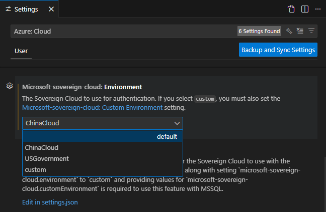 选择 Visual Studio Code 的 Azure 国家云登录的屏幕截图。