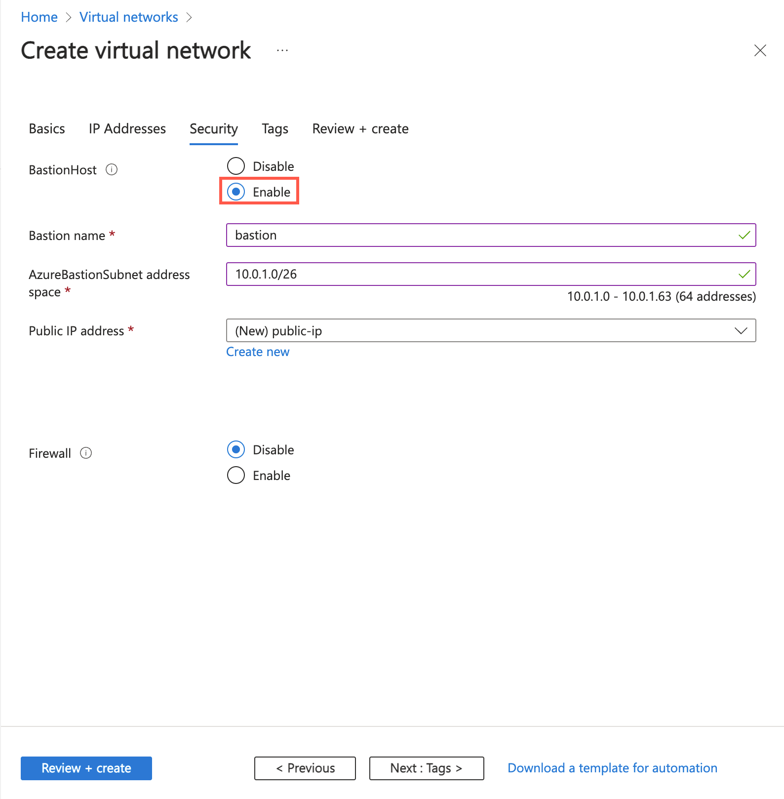 用于在 Azure 门户中创建虚拟网络时启用 Azure Bastion 主机的选项的屏幕截图。