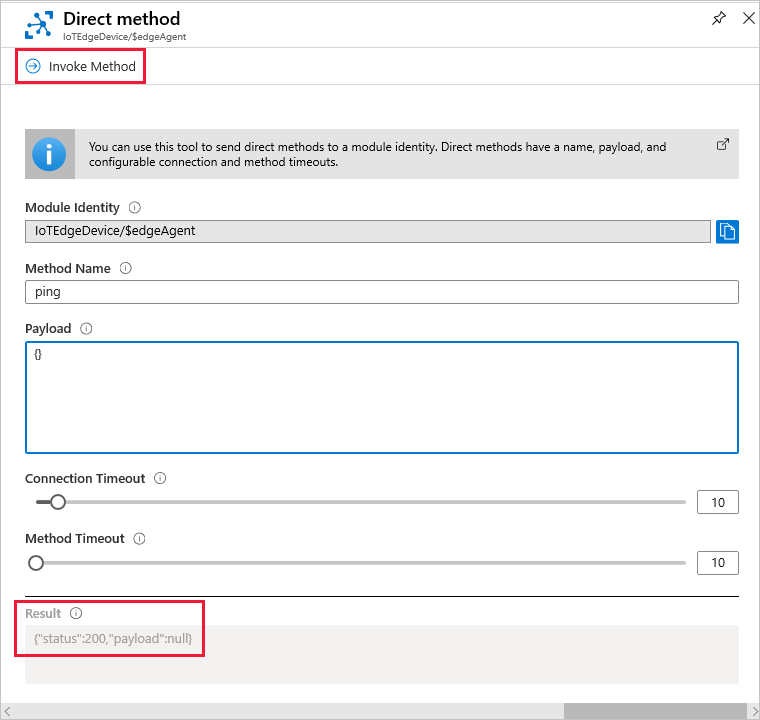 有关如何在 Azure 门户中调用直接方法 ping 的屏幕截图。