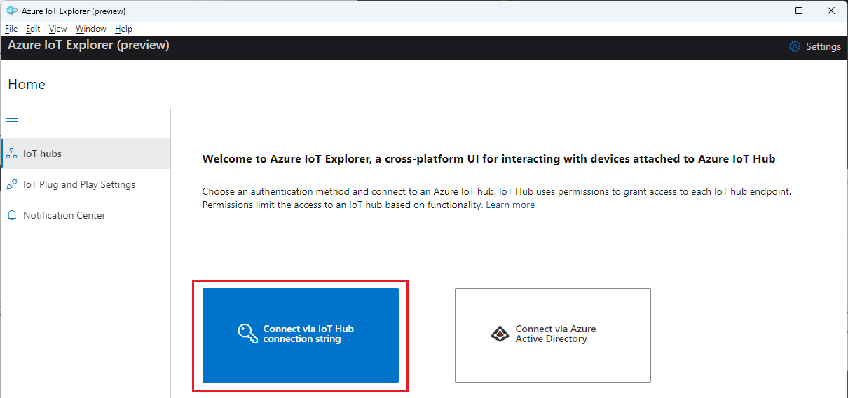 显示 Azure IoT 资源管理器的“欢迎”窗格的屏幕截图，其中突出显示了通过 IoT 中心连接字符串进行连接的选项。