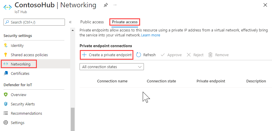 显示为 IoT 中心添加专用终结点的位置的屏幕截图。