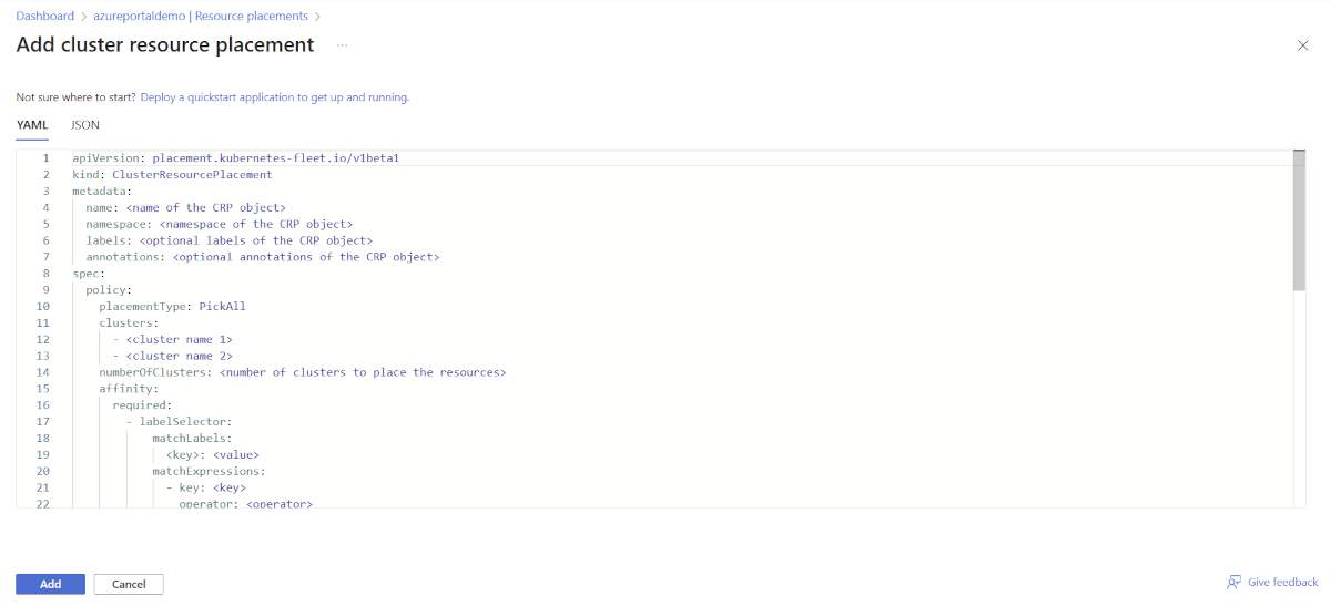 Azure 门户创建资源放置页面的屏幕截图，显示包含占位符值的 YAML 模板。