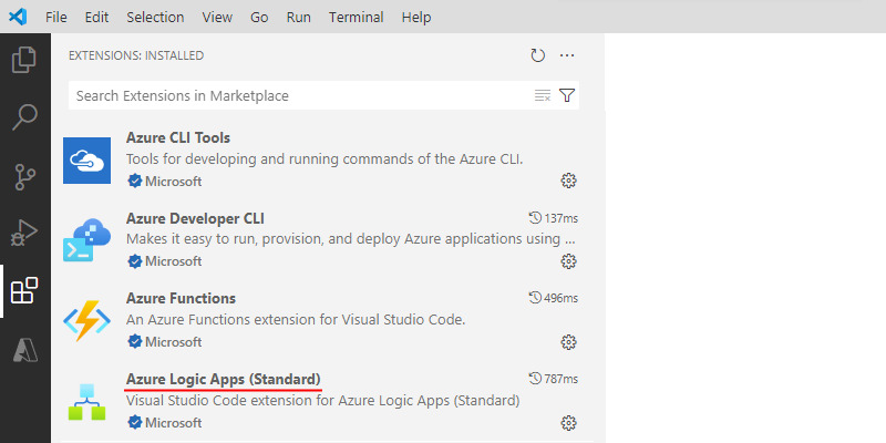 屏幕截图显示了已安装 Azure 逻辑应用（标准）扩展的 Visual Studio Code。