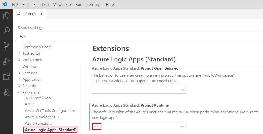 屏幕截图显示了 Azure 逻辑应用（标准）扩展的 Visual Studio Code 设置。