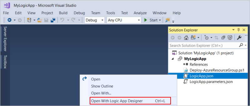 该屏幕截图显示了 Visual Studio 解决方案中打开的逻辑应用。
