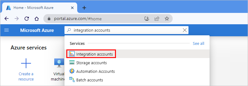 显示 Azure 门户搜索框的屏幕截图，其中输入了集成帐户，并且选择了集成帐户。