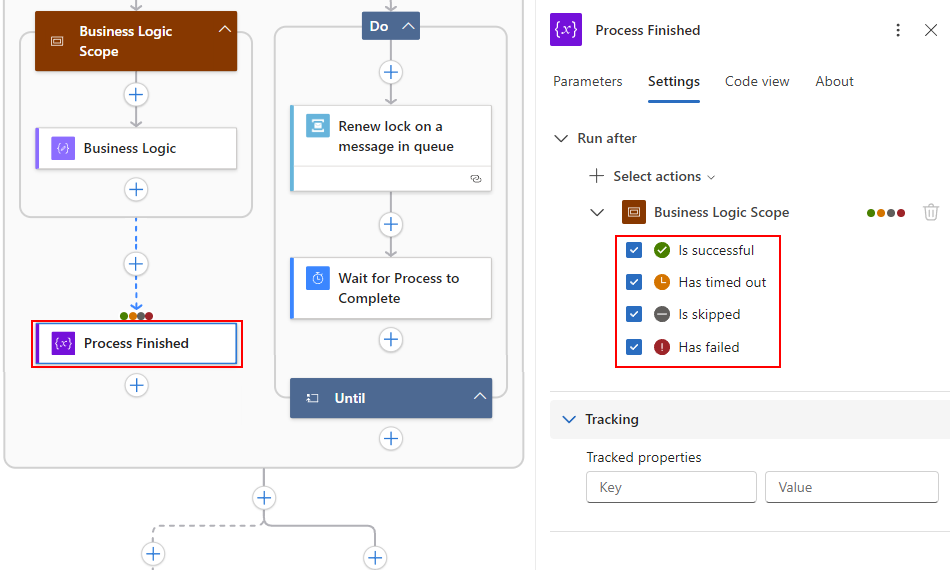 屏幕截图显示了“进程完成”动作的运行后的设置。