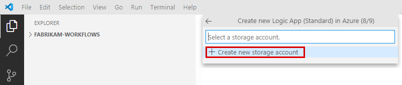 屏幕截图显示了 Azure：逻辑应用（标准）窗格和创建或选择存储帐户的提示。