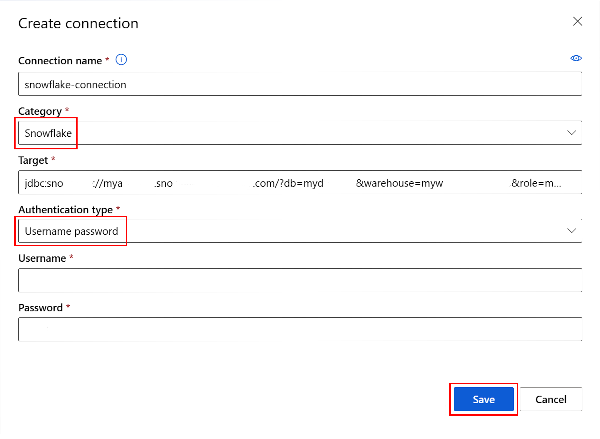显示如何在 Azure 机器学习工作室 UI 中创建新的 Snowflake 连接的屏幕截图。