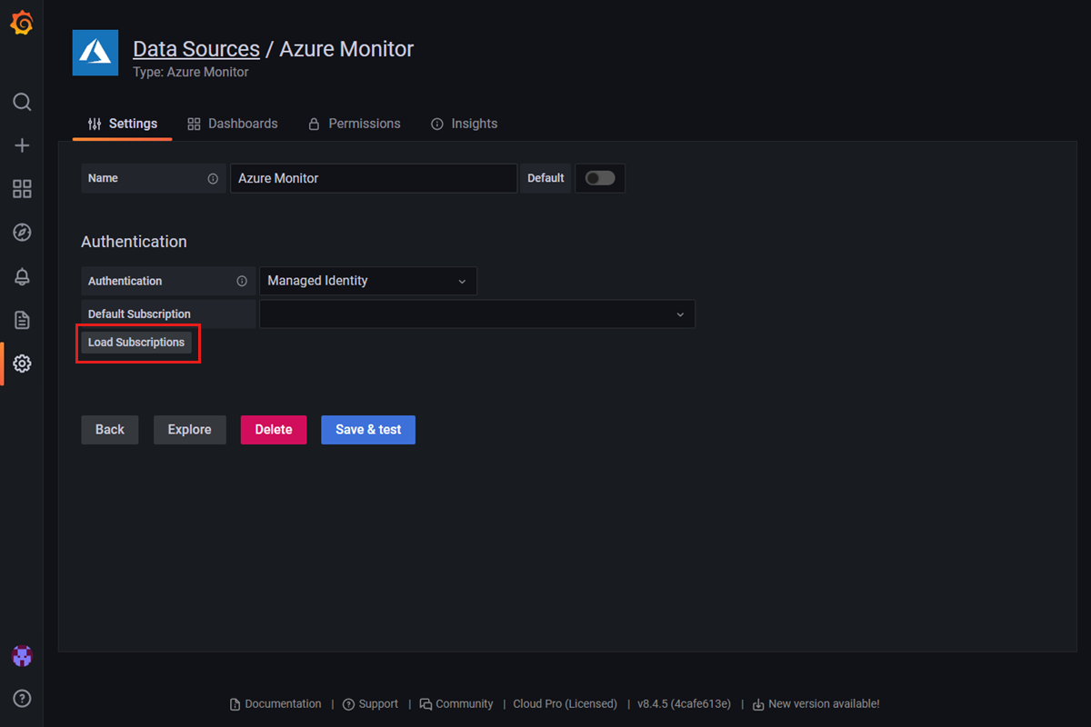 Azure 托管 Grafana 工作区的屏幕截图：加载订阅。