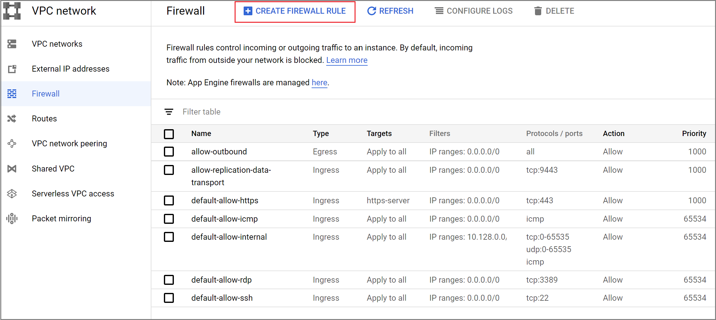 显示 GCP 防火墙规则的屏幕截图。